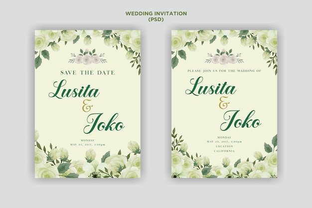 PSD conjunto de tarjeta de invitación de boda floral acuarela suave