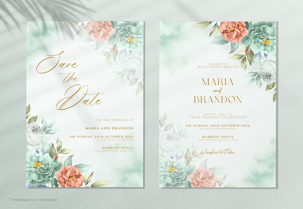 Conjunto de tarjeta de invitación de boda floral acuarela