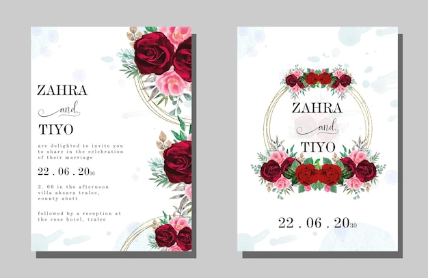 conjunto de tarjeta de invitación de boda de rosas de acuarela PSD