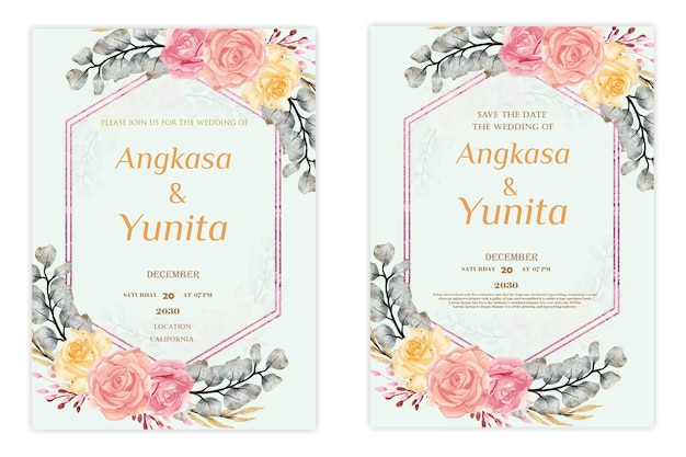 Conjunto de tarjeta de invitación de boda de rosas rosadas acuarela psd