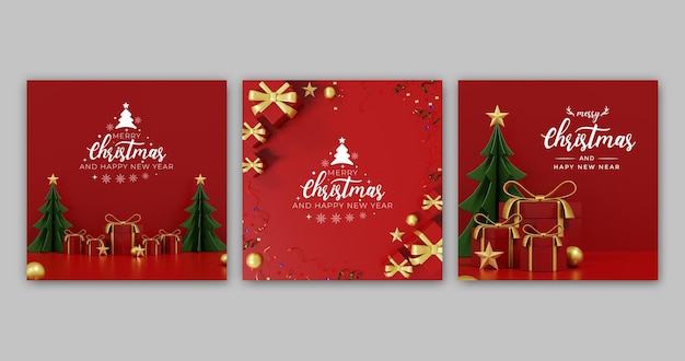 PSD conjunto de tarjetas de felicitación de navidad con fondo rojo.