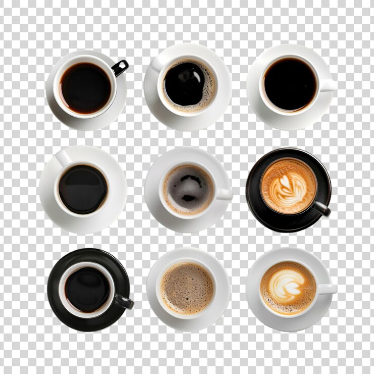 PSD un conjunto de tazas de café con diferentes imágenes de diferentes tipos de café aislados en blanco