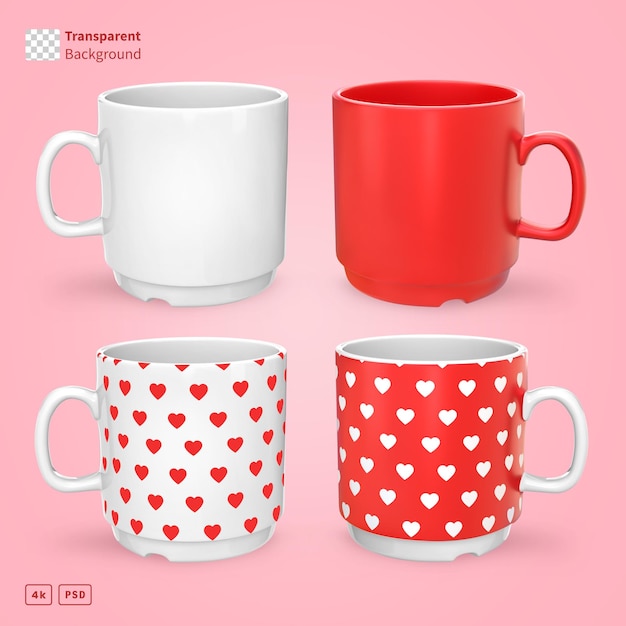 Conjunto de tazas de café rojas y blancas en 3D