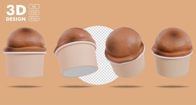 Conjunto de tazas de helado de chocolate 3D para el activo de diseño