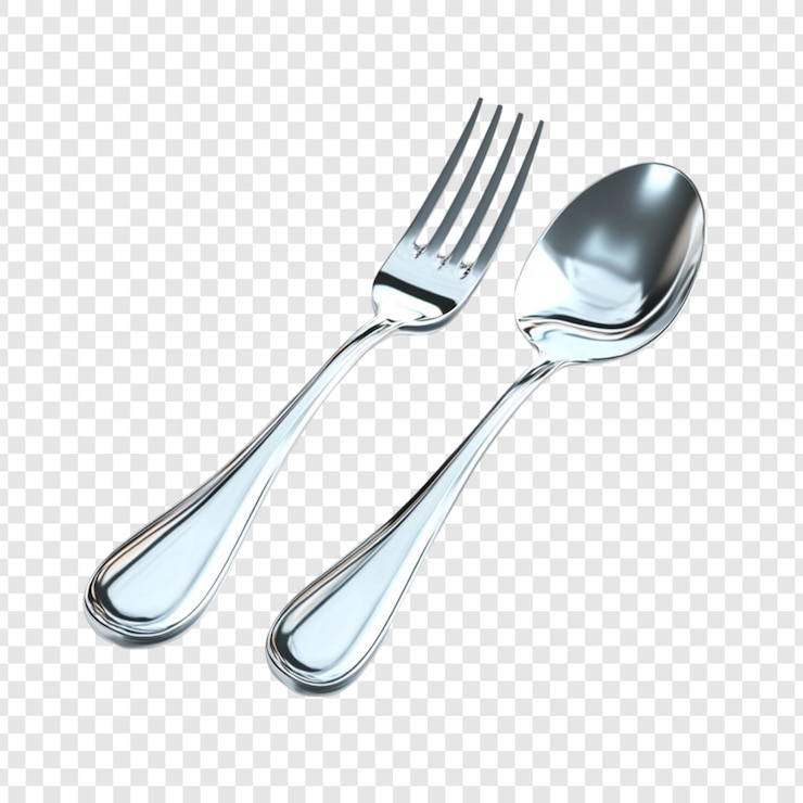 PSD conjunto de tenedor y cuchara de plata brillante aislado sobre un fondo transparente cubiertos elegantes vajilla de cocina utensilios de cocina vajilla metálica