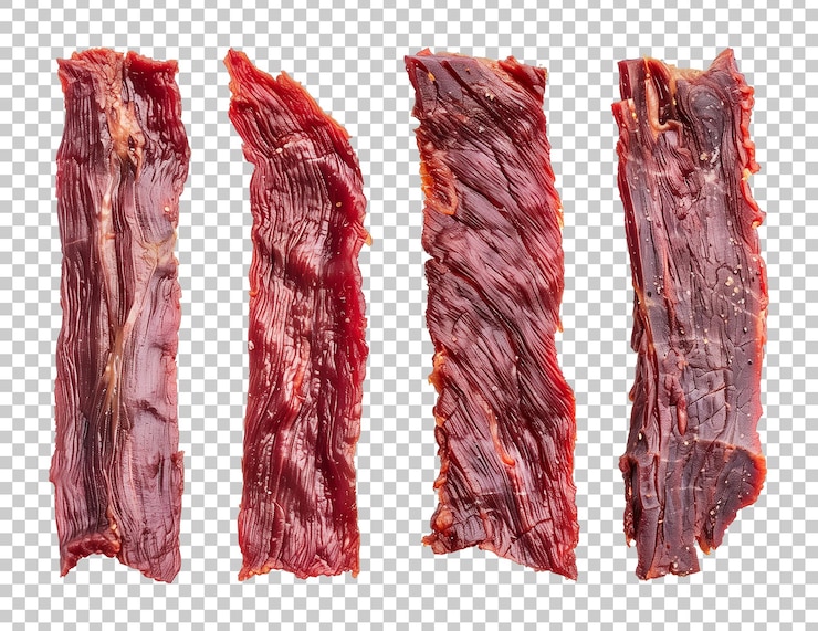 PSD conjunto de tiras de carne de res aisladas sobre un fondo transparente