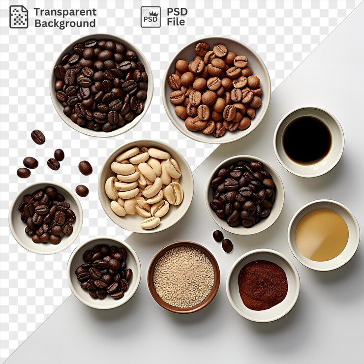 PSD conjunto de tostado de café gourmet aislado con una variedad de cuencos blancos y marrones, incluido un cuenco blanco redondo, un cuen coño y blanco y un cuen blanco dispuestos en un blanco