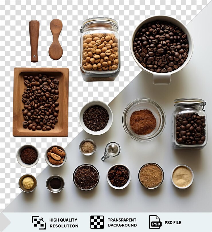 PSD conjunto de tostado de café gourmet con una variedad de cuencos y cucharas, incluido un pequeño cuenco blanco, un cuenco marrón y una cuchara de plata dispuestos sobre un fondo transparente.