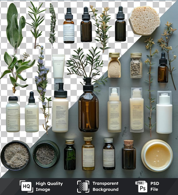 Un conjunto transparente de productos orgánicos para el cuidado de la piel se exhibe en una pared blanca con una variedad de botellas de diferentes tamaños y colores, incluidas botellas marrones, negras, blancas y de vidrio.