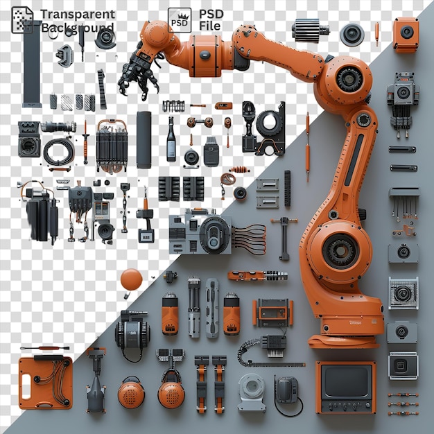 PSD un conjunto transparente de robótica y automatización de alta tecnología exhibido en una pared gris y blanca acompañado de una cámara plateada y gris, un juguete naranja y una cámara plata y gris