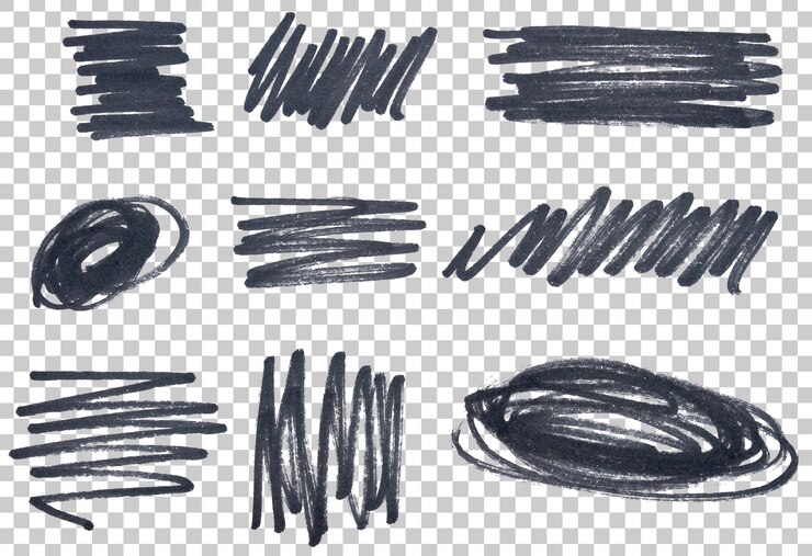 PSD conjunto de trazos de marcador negro dibujados a mano dibujos abstractos garabateados subrayados sketchy