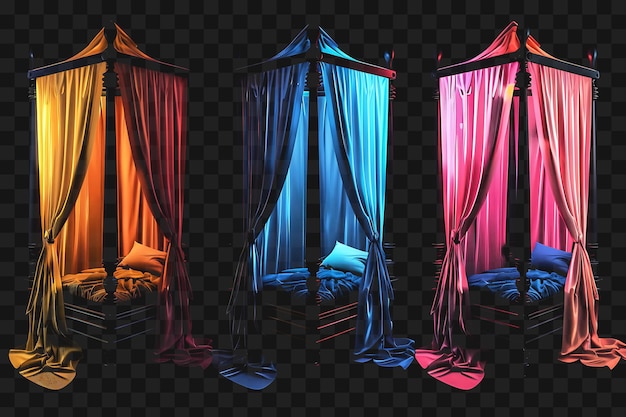 Un conjunto de tres cortinas con una cortina azul y roja