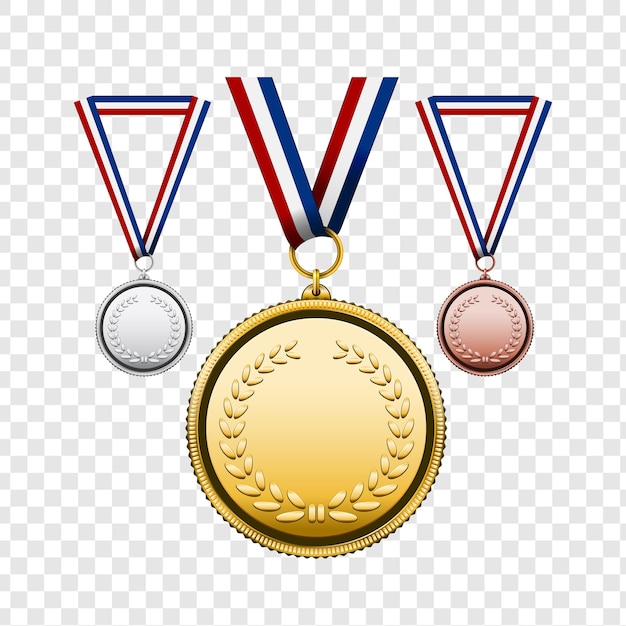 Conjunto de tres medallas de oro, plata y bronce aisladas sobre un fondo transparente