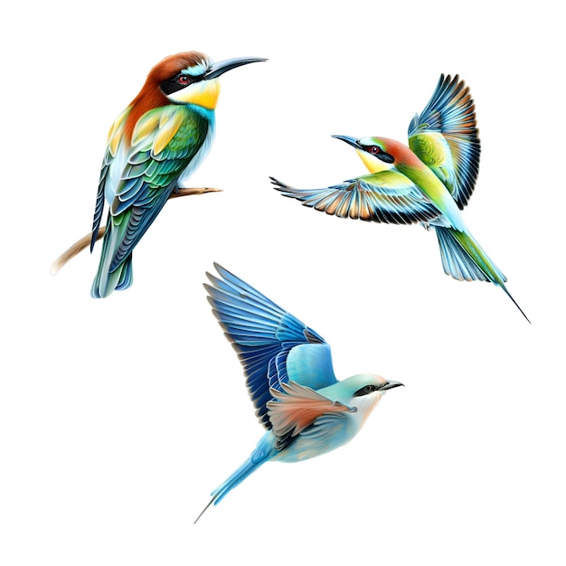 Conjunto de tres pájaros abejarucos estilo de dibujo