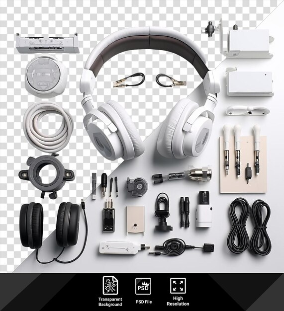 PSD un conjunto único de juegos de pc personalizados de gama alta con auriculares negros, un fondo transparente y un auricular blanco y negro.