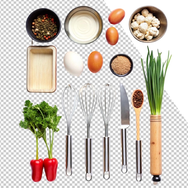 un conjunto de utensilios de cocina una caja de huevos y una caja De hongos