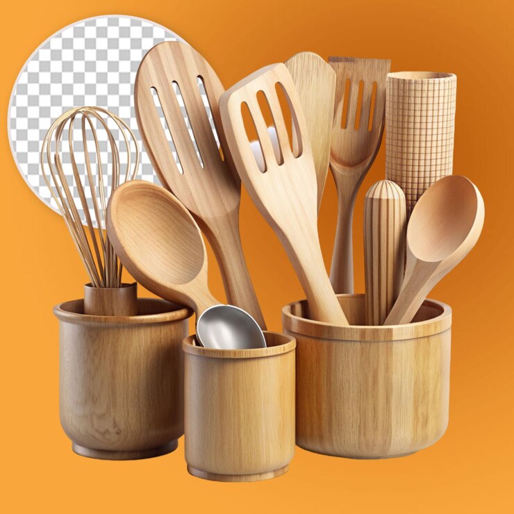 PSD conjunto de utensilios de cocina de madera de 3d