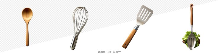Conjunto de utensilios de cocina sobre un fondo transparente