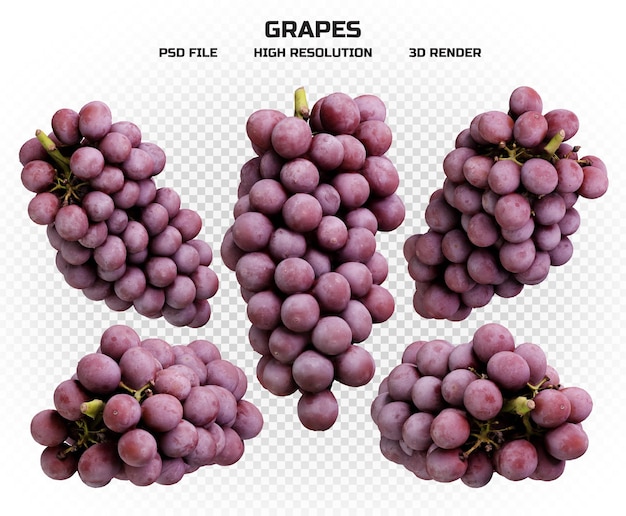 PSD conjunto de uvas rojas realistas en 3d en alta resolución con muchas perspectivas