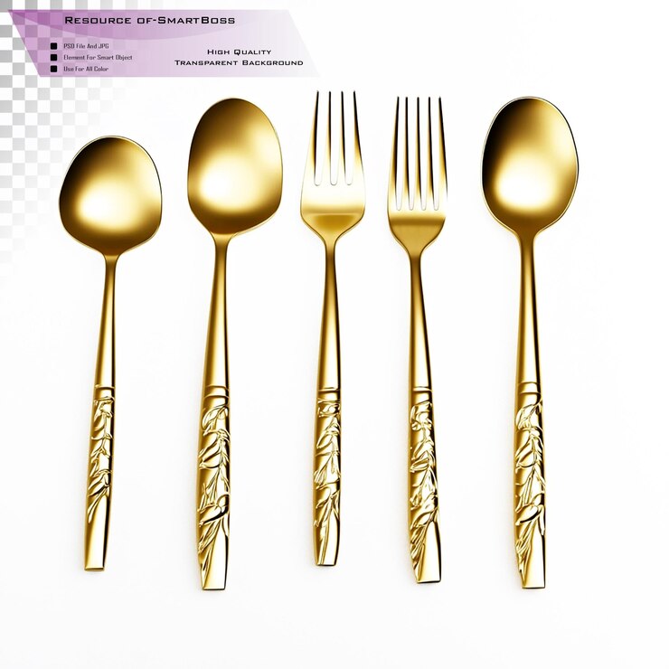 PSD conjunto de vajillas de oro con diseño simple con un cuchillo de tenedor y una cuchara sobre un fondo transparente