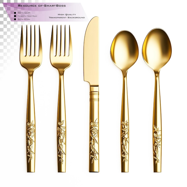 PSD conjunto de vajillas de oro con diseño simple con un cuchillo de tenedor y una cuchara sobre un fondo transparente