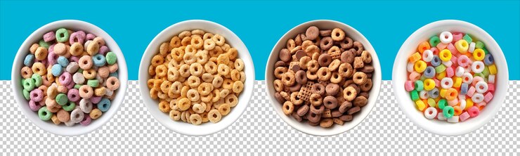 PSD conjunto de varios cereales para el desayuno en la vista superior del tazón con fondo transparente ia generativa