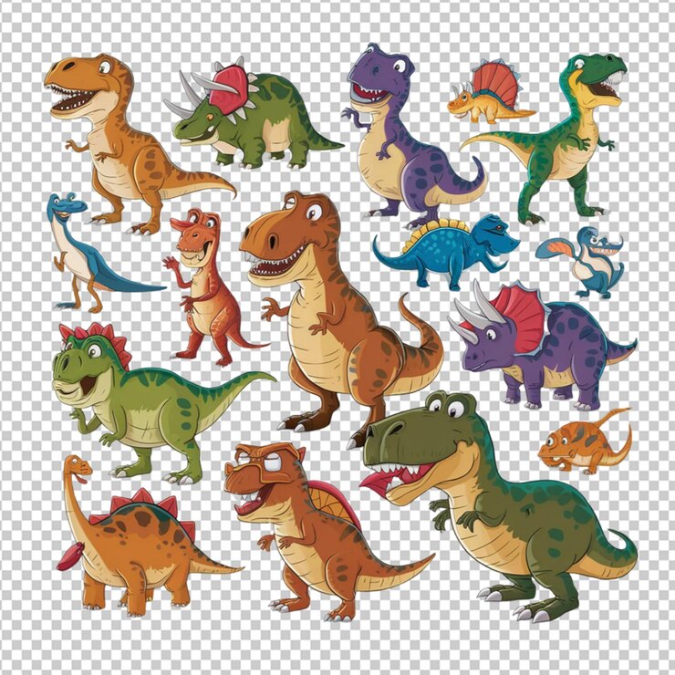 PSD conjunto de varios dinosaurios aislados personaje de dibujos animados aislado en un fondo transparente