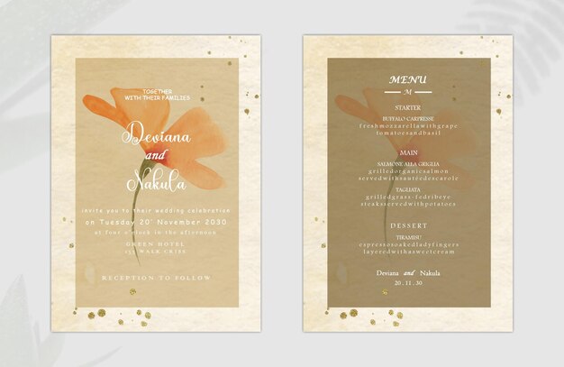 PSD conjunto de vectores de acuarela diseño de plantilla de tarjeta de invitación de boda con hojas verdes y flores psd