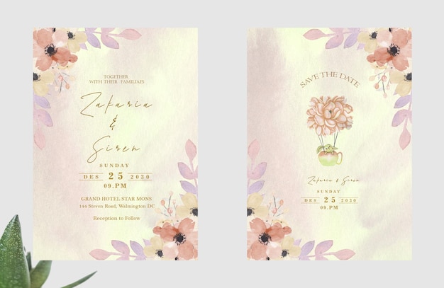 PSD conjunto de vectores de acuarela diseño de plantilla de tarjeta de invitación de boda con psd verde