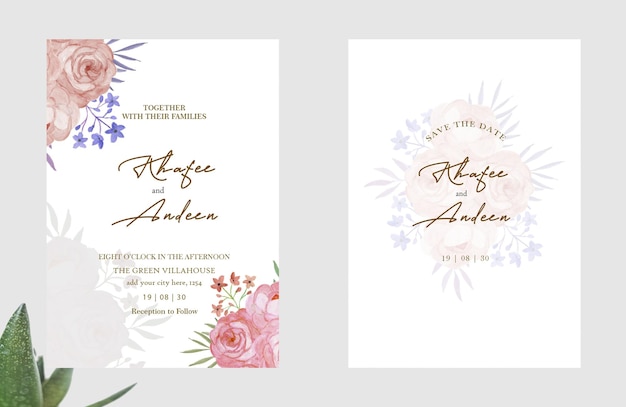 Conjunto de vectores de acuarela diseño de plantilla de tarjeta de invitación de boda con psd verde