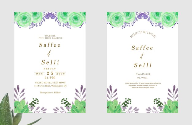 Conjunto de vectores de acuarela diseño de plantilla de tarjeta de invitación de boda con psd verde