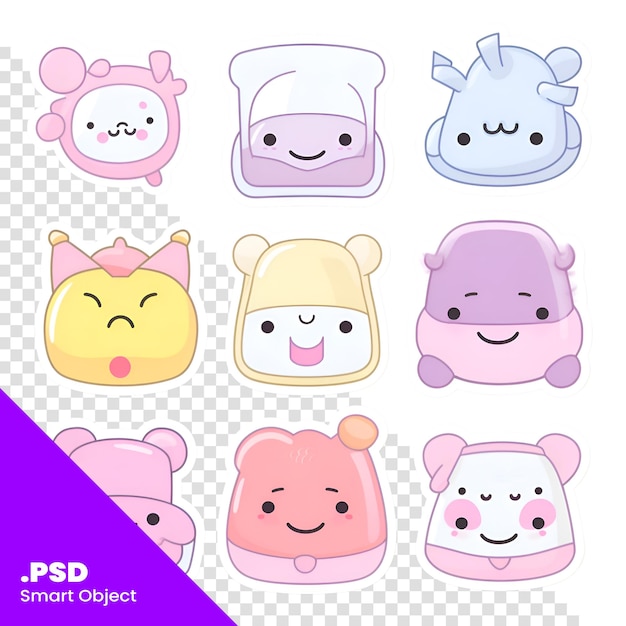 Conjunto vetorial de bonito rosto de animal de desenho animado kawaii isolado em fundo branco modelo psd