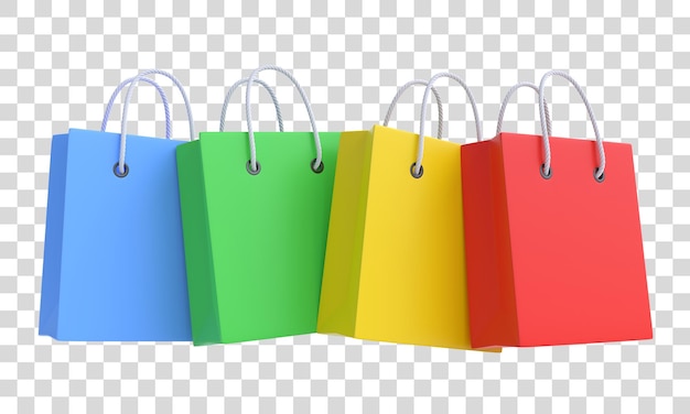 PSD conjunto volador de coloridas bolsas de compras vacías aisladas en fondo blanco concepto minimalista renderizado 3d