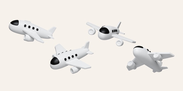 Conjuntos de avión aéreo 3D Turismo y concepto de viaje estilo minimal Icono plano aislado en fondo blanco Ilustración de renderización 3D Camino de recorte