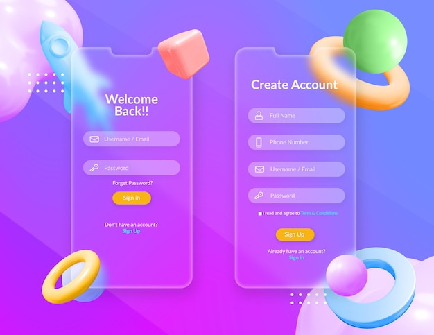 Connectez-vous et inscrivez-vous Conception d'interface utilisateur avec effet de verre transparent flou