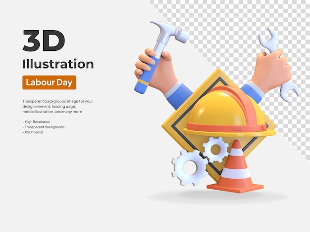 PSD cono de carretera y trabajador de la construcción casco trabajo día ilustración 3d render
