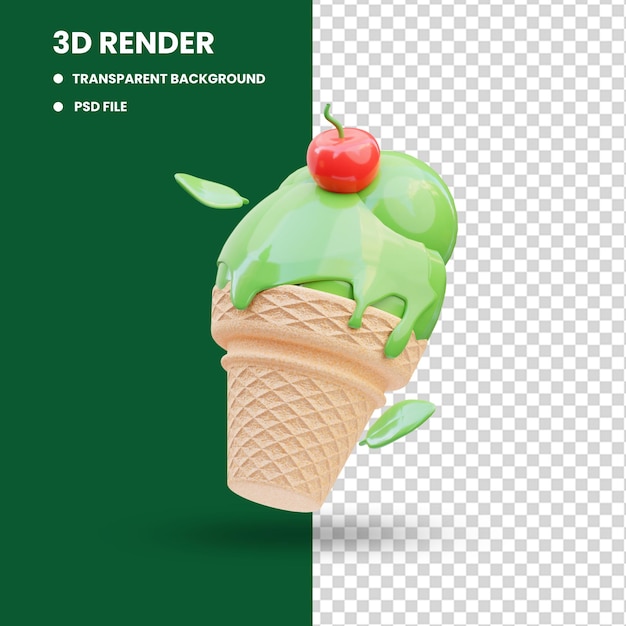 Cono de helado matcha derretido 3d ilustración 3d renderizado