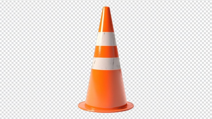 PSD cono de tráfico aislado en un fondo transparente que destaca su color naranja vibrante y rayas reflectantes para la seguridad durante las obras de carretera