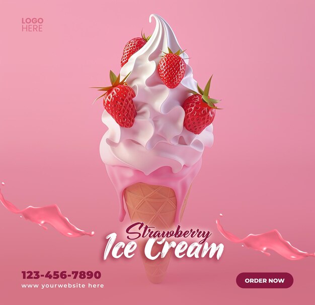 PSD los conos de helado de fresa las redes sociales plantilla de diseño de publicaciones de instagram