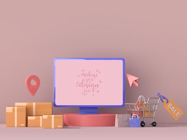 Consegna online con modello di mockup di computer con pacchetto di consegna