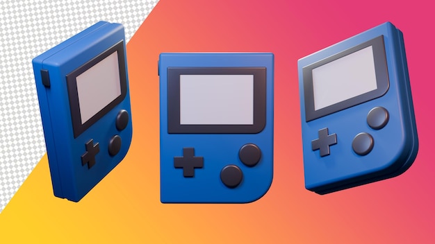 Consola de juegos retro renderizada en 3D en varios ángulos