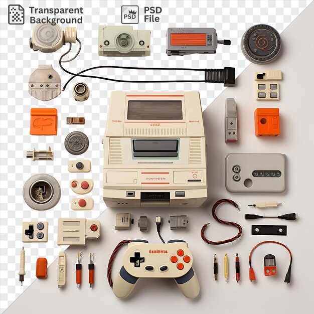 consola de juegos retro única y juego conjunto mostrado en un fondo transparente acompañado por una cámara plateada y un botón rojo
