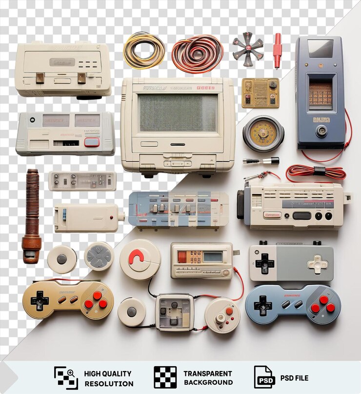 PSD consola de juegos retro única y juego de juegos mostrado en un fondo transparente acompañado de una guitarra marrón png psd
