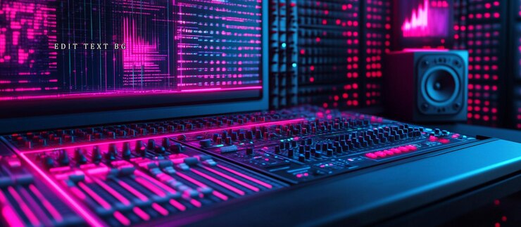 PSD consola y monitor de estudio de música iluminados con neón que muestran formas de onda de audio