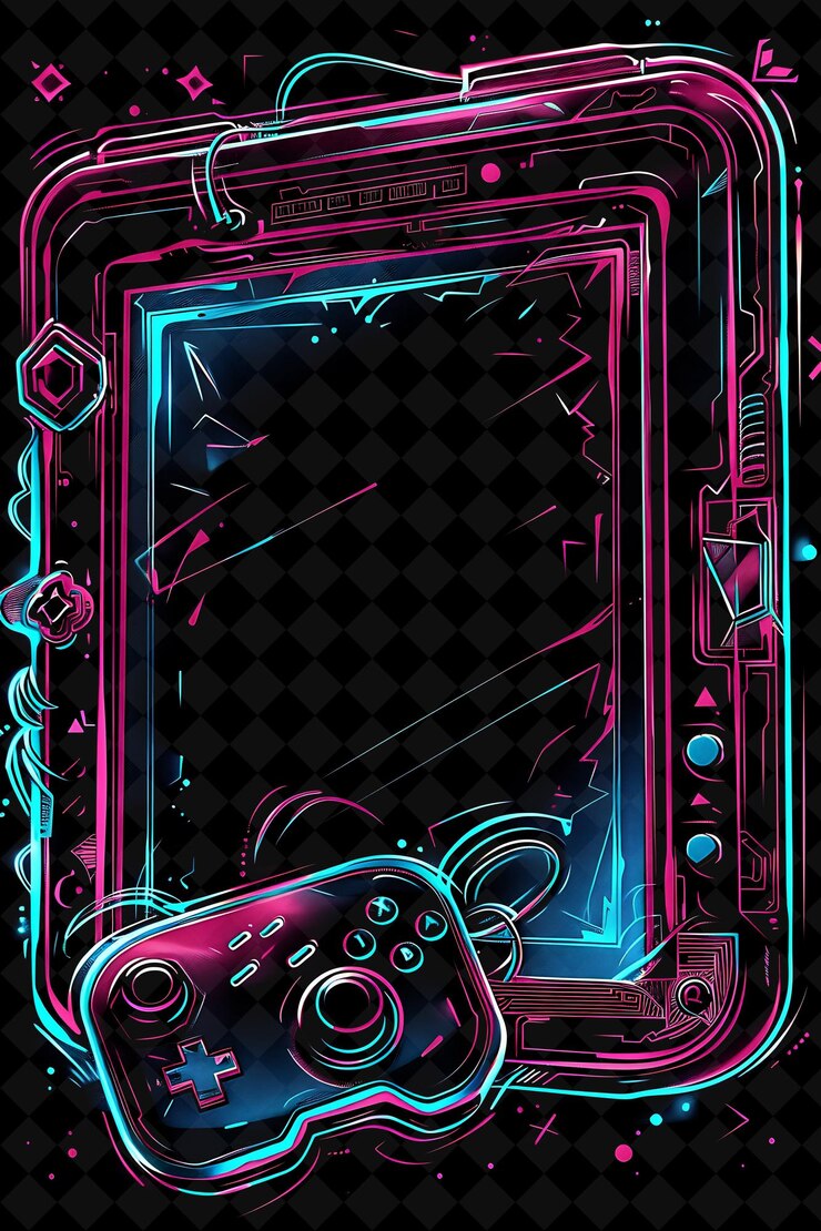 PSD consola de videojuegos retro marco arcano con juego icónico chara neon marco de color colección de arte y2k