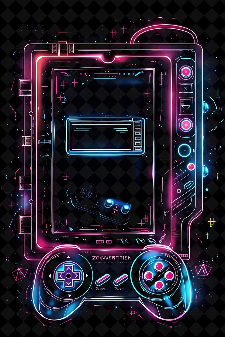 PSD consola de videojuegos retro marco arcano con juego icónico chara neon marco de color colección de arte y2k