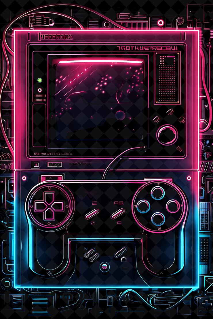 PSD consola de videojuegos retro marco arcano con juego icónico chara neon marco de color colección de arte y2k