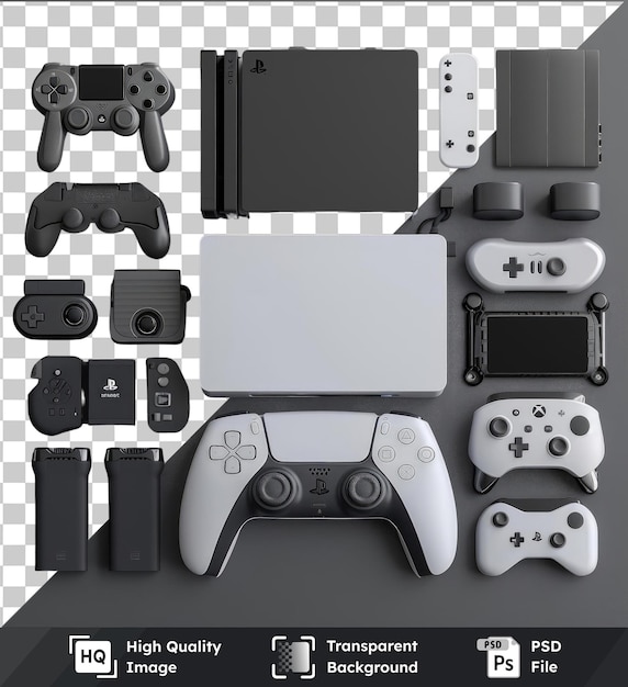 Console De Jeu Transparente De Haute Qualité Et Accessoires Personnalisés Affichés Sur Un Fond Gris Et Transparent Avec Un Contrôleur Blanc Et Une Télécommande Grise Et Noire