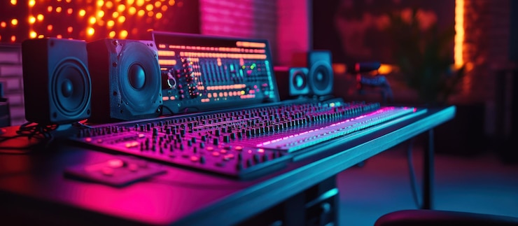 PSD une console de mixage audio professionnelle avec des faders et des boutons dans un studio faiblement éclairé