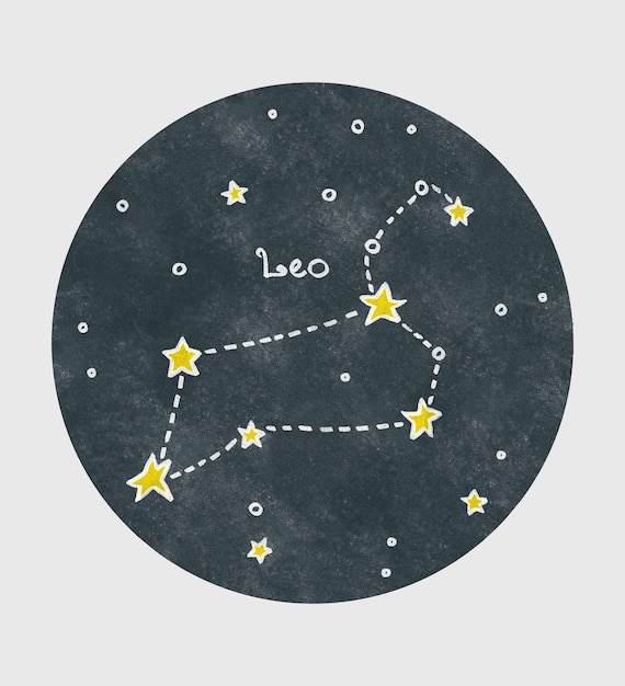 Constelação de Leão desenhada com lápis em estilo de desenho animado infantil em fundo de círculo de textura